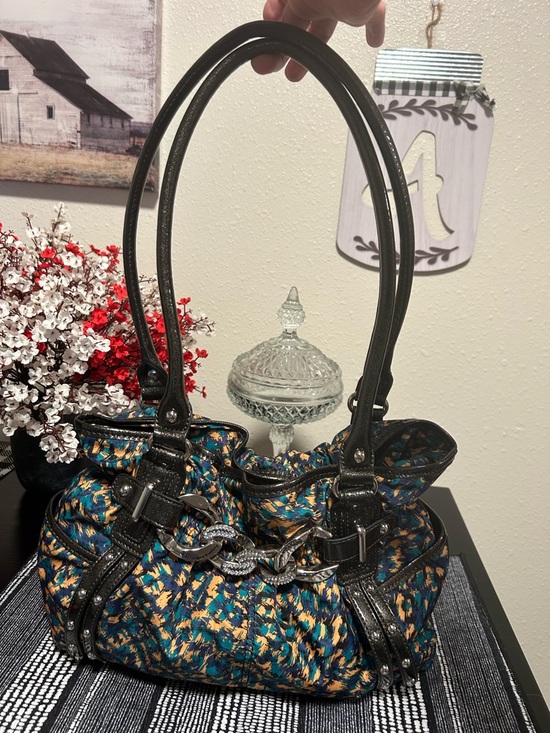 Kathy Van Zeeland Handbags - Kathy Van Zeeland Y2K Ruffle Top Teal, Gold & Black Patterned Shoulder Bag